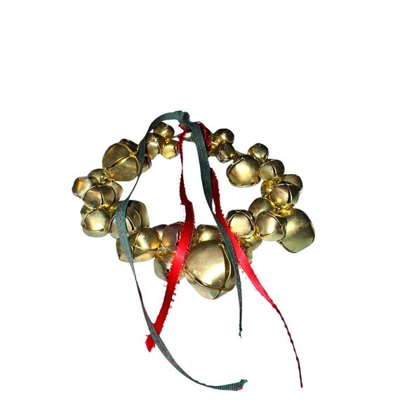 Gold Jingle Bell Wreath With Red & Green Ribbon Accents - Picture 4 of 5